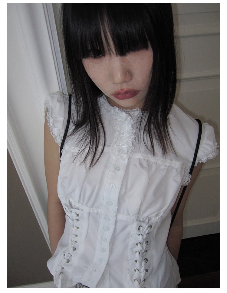3months | Slim Fit Sleeveless White Cropped Spring Summer Shirt [ID:]