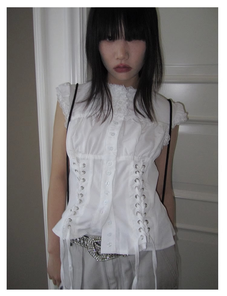 3months | Slim Fit Sleeveless White Cropped Spring Summer Shirt [ID:]
