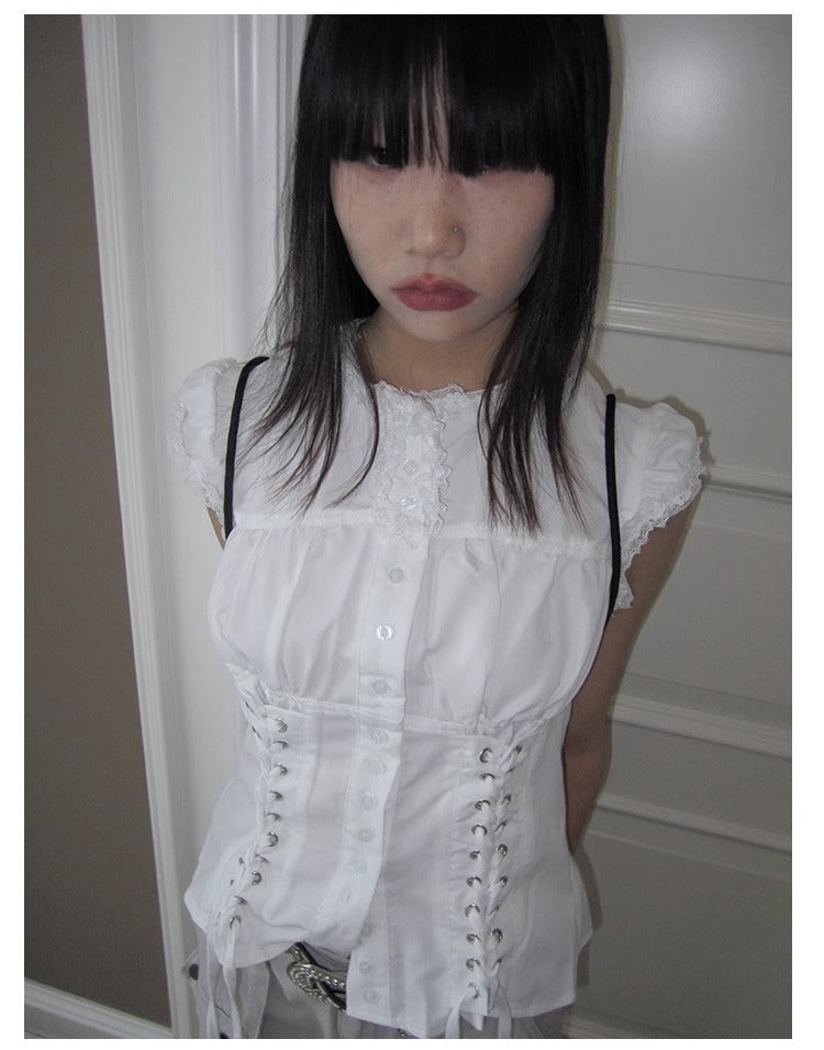3months | Slim Fit Sleeveless White Cropped Spring Summer Shirt [ID:]