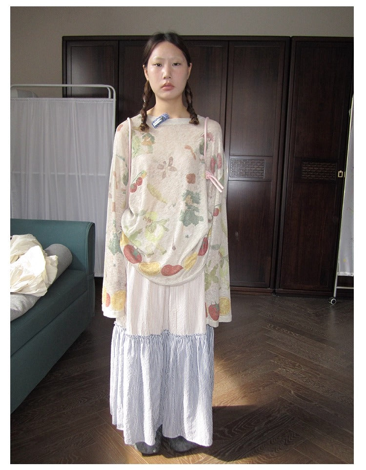 3months | Korean Loose Striped Patchwork A-Line Spring Skirt [ID:]