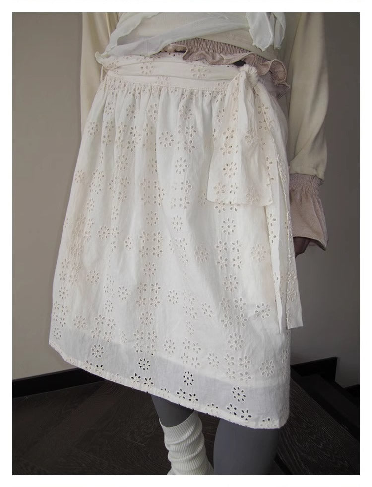 3months | Draped White Layered A-Line Midi Slim Fit Summer Skirt [ID:]