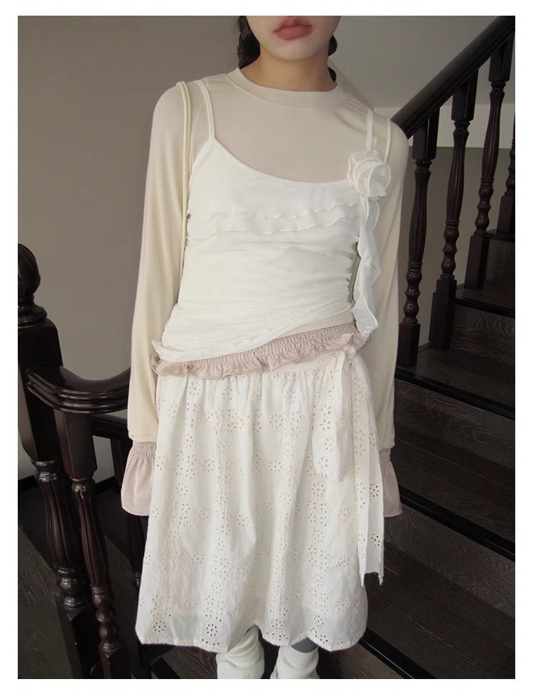 3months | Draped White Layered A-Line Midi Slim Fit Summer Skirt [ID:]