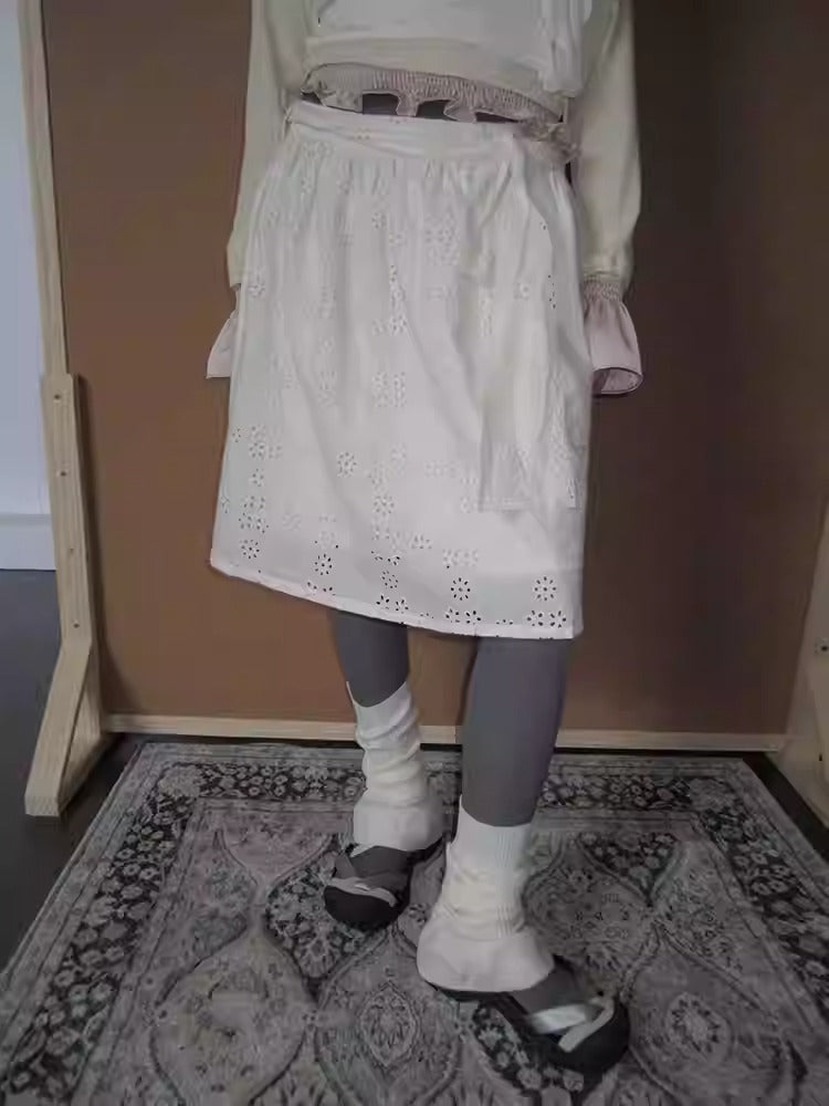 3months | Draped White Layered A-Line Midi Slim Fit Summer Skirt [ID:]
