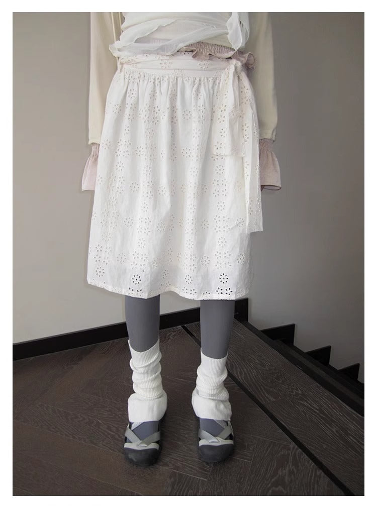 3months | Draped White Layered A-Line Midi Slim Fit Summer Skirt [ID:]