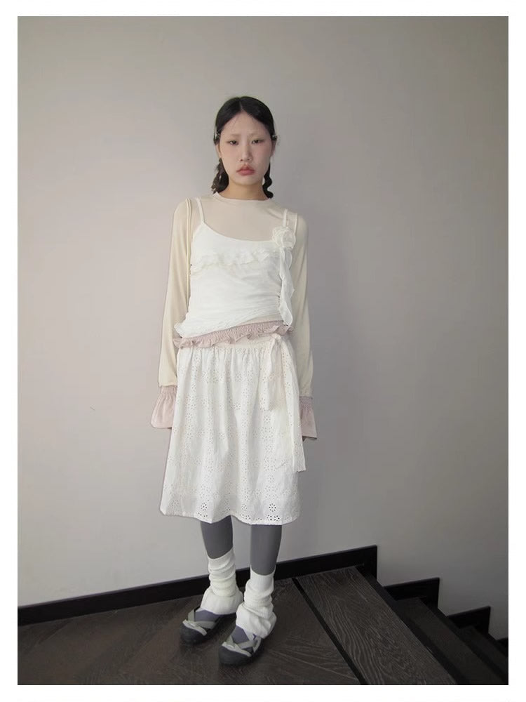 3months | Draped White Layered A-Line Midi Slim Fit Summer Skirt [ID:]