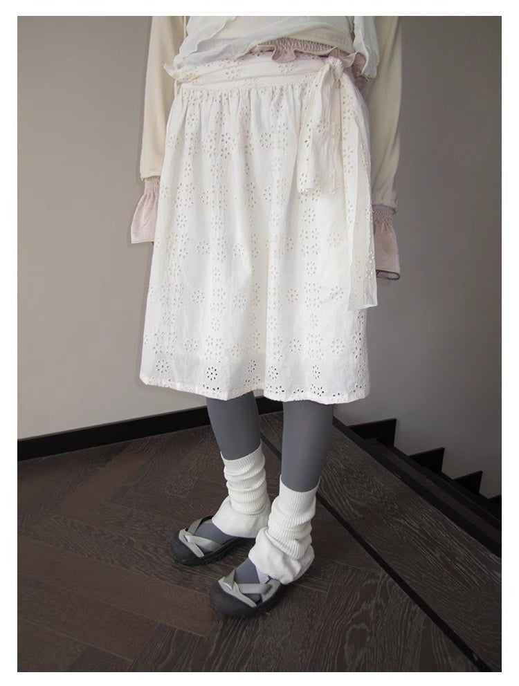 3months | Draped White Layered A-Line Midi Slim Fit Summer Skirt [ID:]