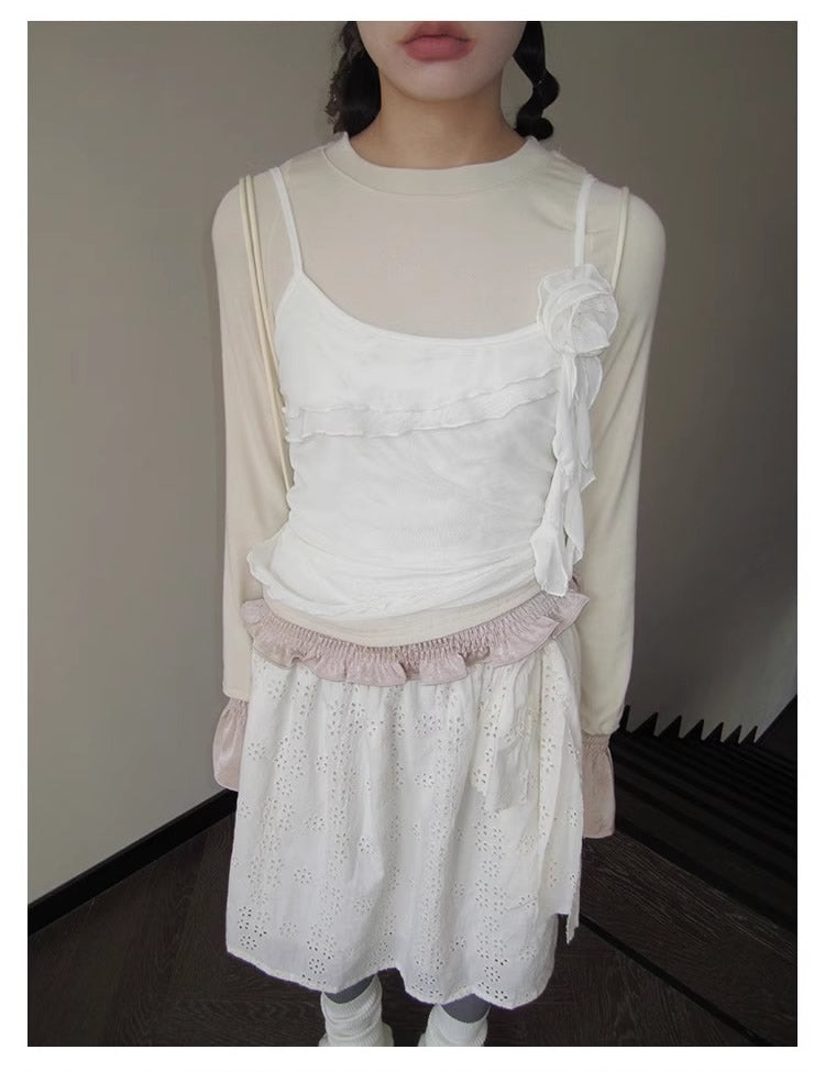 3months | Draped White Layered A-Line Midi Slim Fit Summer Skirt [ID:]