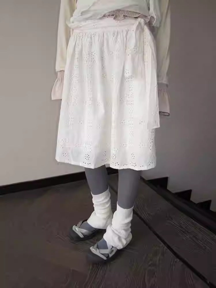 3months | Draped White Layered A-Line Midi Slim Fit Summer Skirt [ID:]