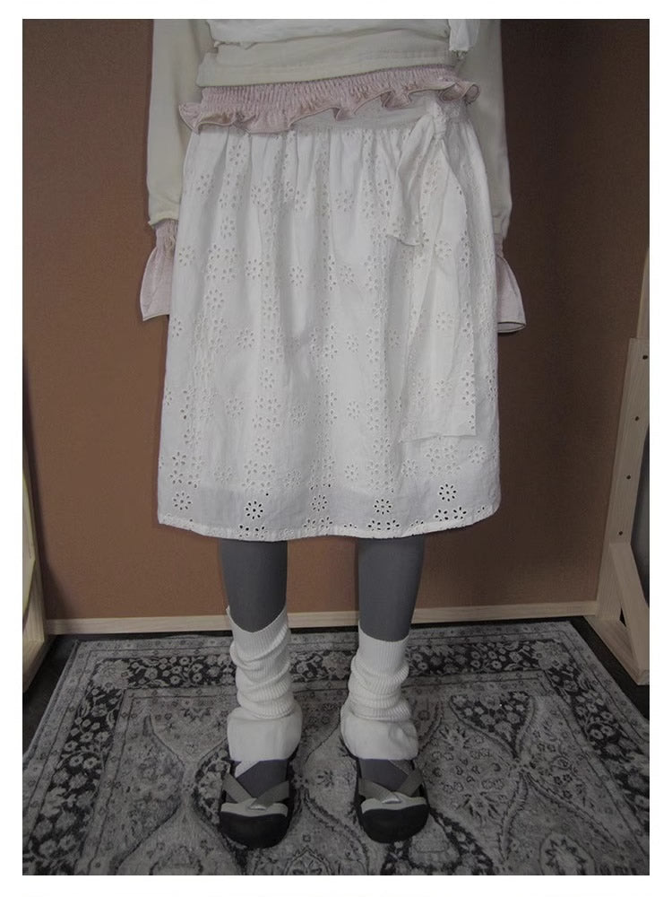 3months | Draped White Layered A-Line Midi Slim Fit Summer Skirt [ID:]