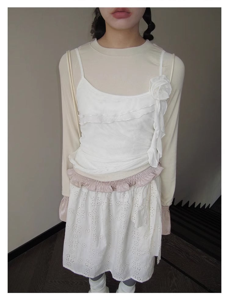 3months | Draped White Layered A-Line Midi Slim Fit Summer Skirt [ID:]