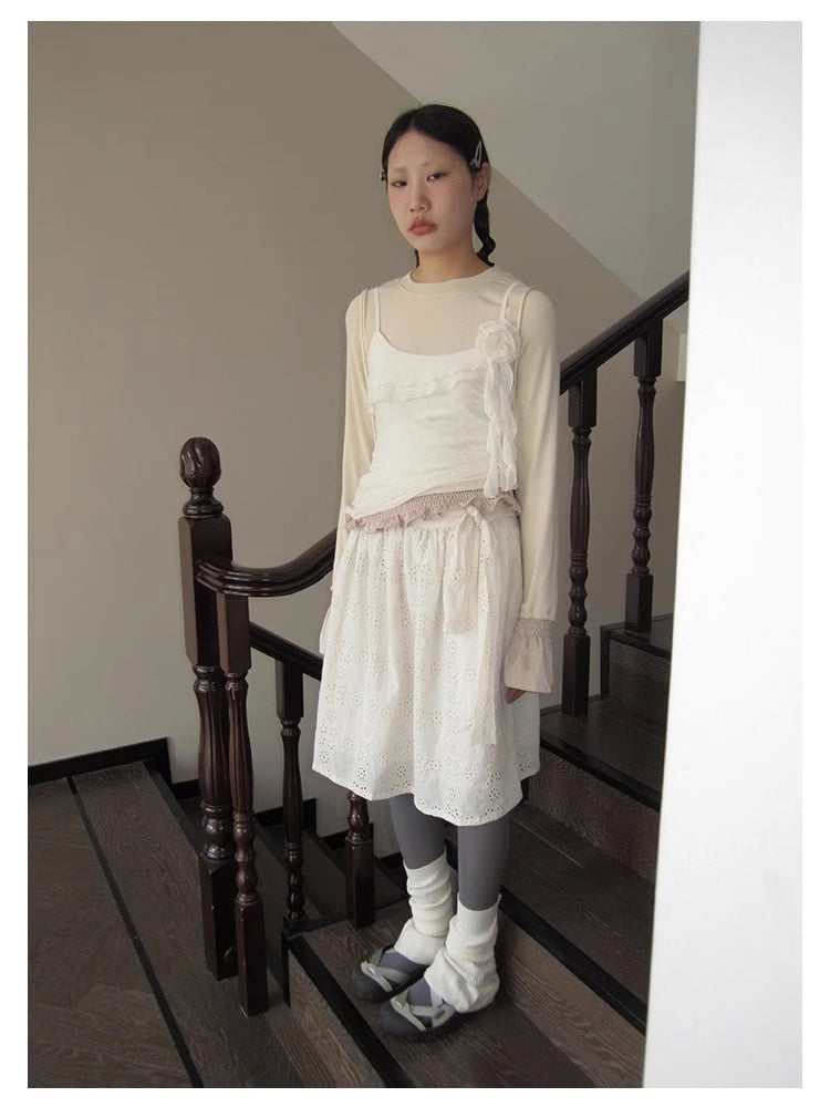 3months | Draped White Layered A-Line Midi Slim Fit Summer Skirt [ID:]
