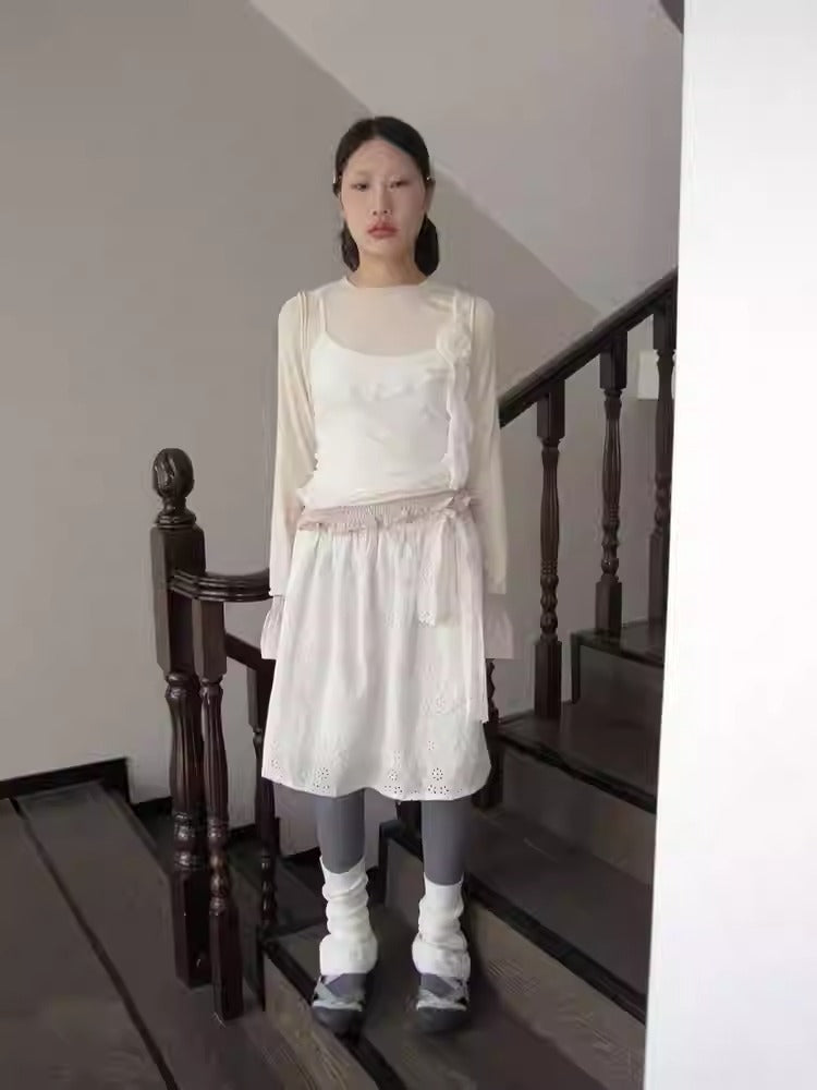 3months | Draped White Layered A-Line Midi Slim Fit Summer Skirt [ID:]