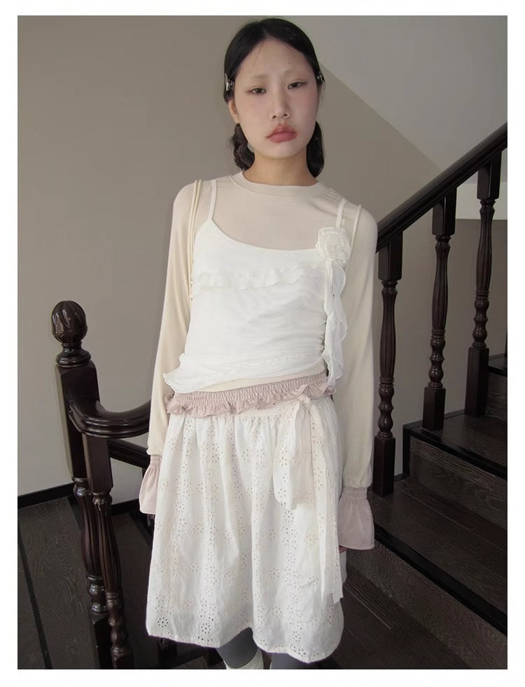 3months | Draped White Layered A-Line Midi Slim Fit Summer Skirt [ID:]