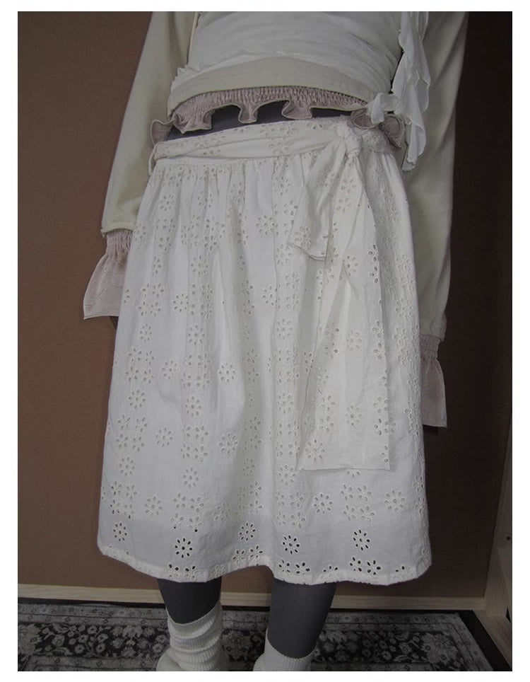 3months | Draped White Layered A-Line Midi Slim Fit Summer Skirt [ID:]