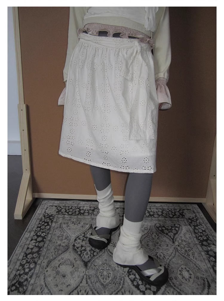 3months | Draped White Layered A-Line Midi Slim Fit Summer Skirt [ID:]