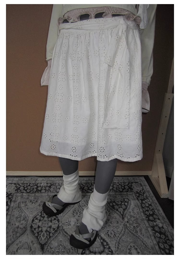 3months | Draped White Layered A-Line Midi Slim Fit Summer Skirt [ID:]