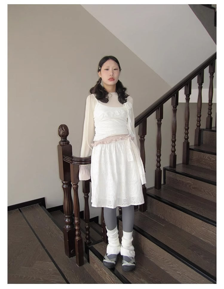 3months | Draped White Layered A-Line Midi Slim Fit Summer Skirt [ID:]