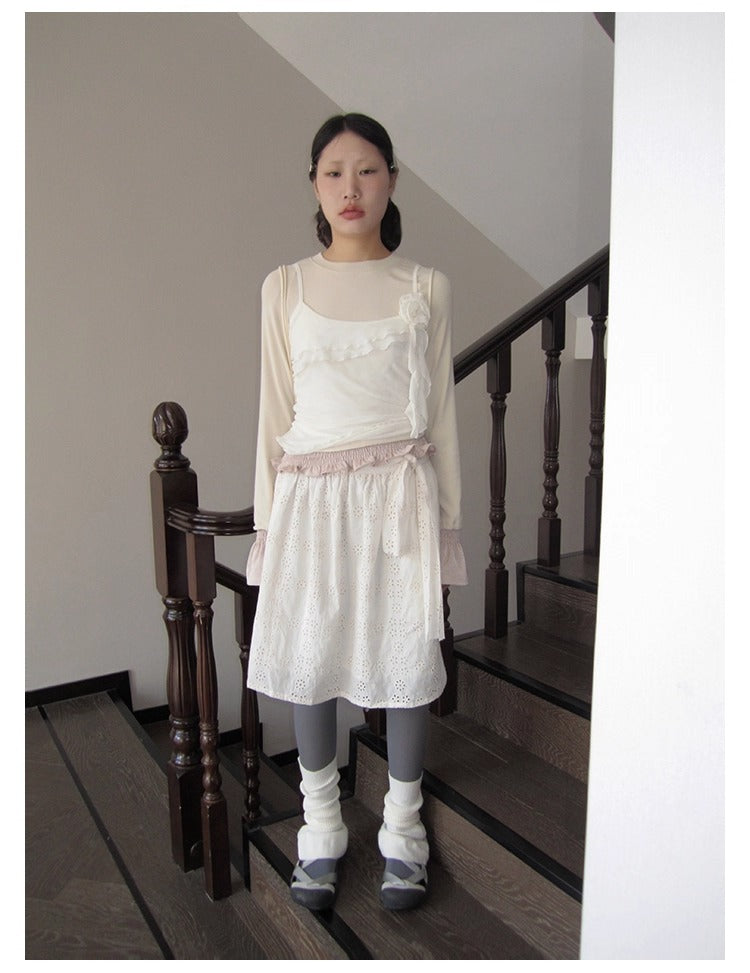 3months | Draped White Layered A-Line Midi Slim Fit Summer Skirt [ID:]