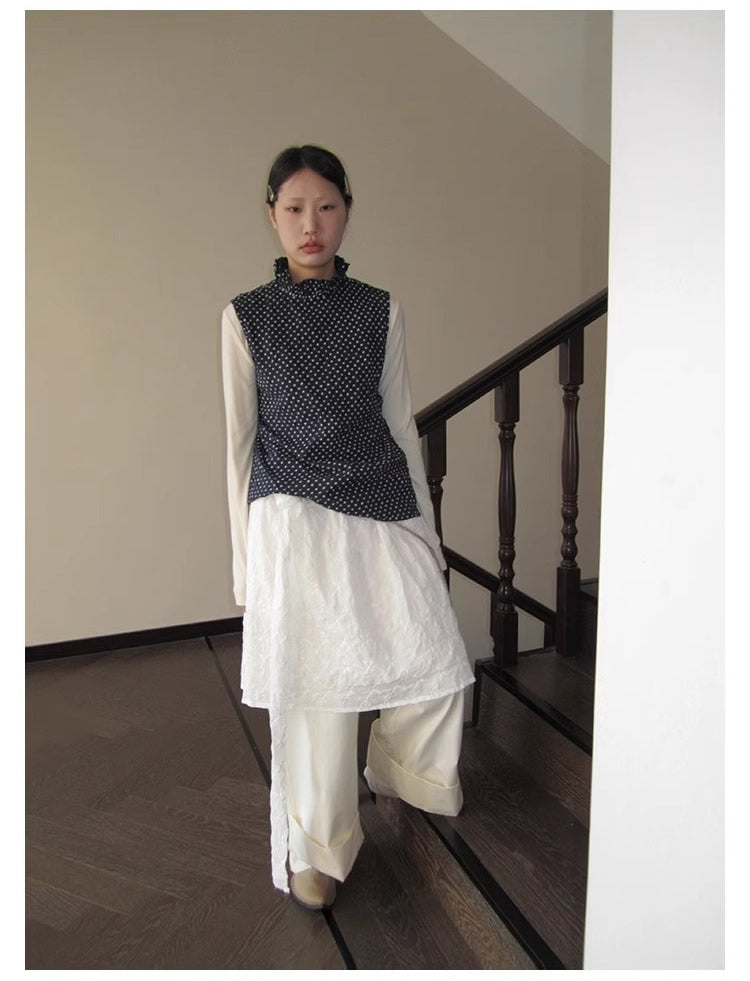 3months | Draped White Layered A-Line Midi Slim Fit Summer Skirt [ID:]