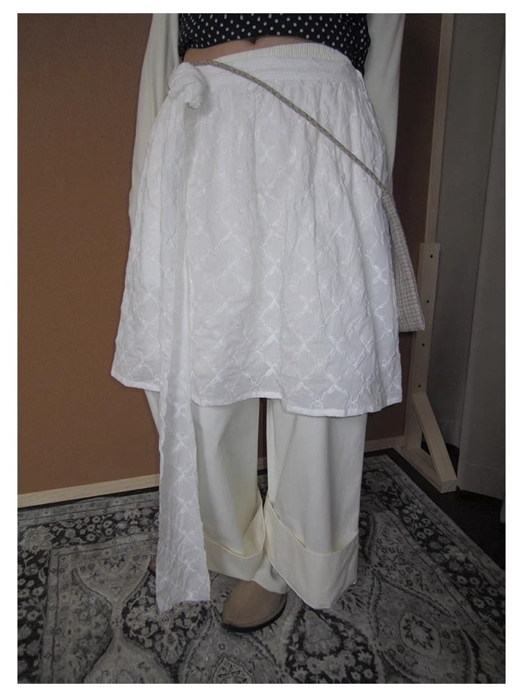 3months | Draped White Layered A-Line Midi Slim Fit Summer Skirt [ID:]