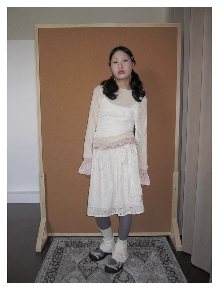 3months | Draped White Layered A-Line Midi Slim Fit Summer Skirt [ID:]