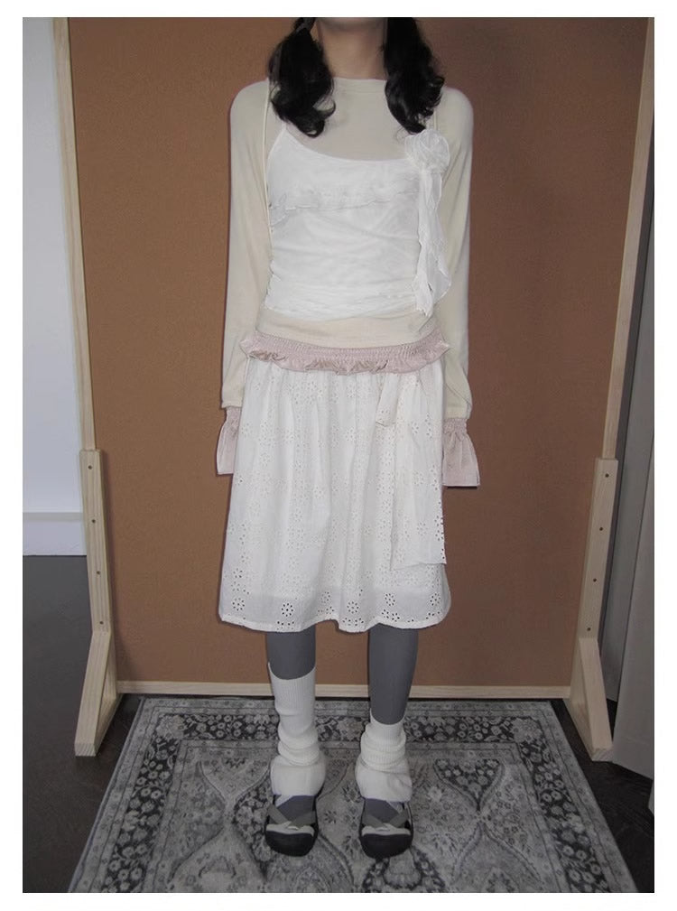 3months | Draped White Layered A-Line Midi Slim Fit Summer Skirt [ID:]