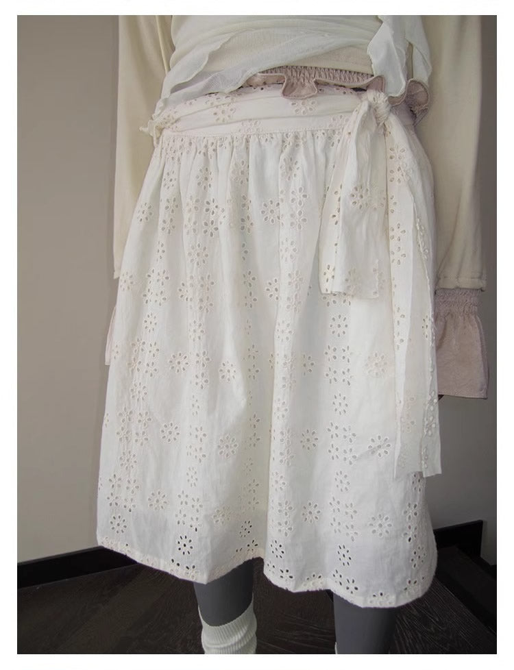 3months | Draped White Layered A-Line Midi Slim Fit Summer Skirt [ID:]