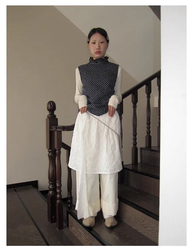 3months | Draped White Layered A-Line Midi Slim Fit Summer Skirt [ID:]