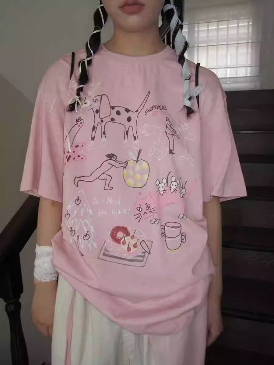 3months | Loose Pink Cartoon Print Casual Short Sleeve Summer T-Shirt [ID:]