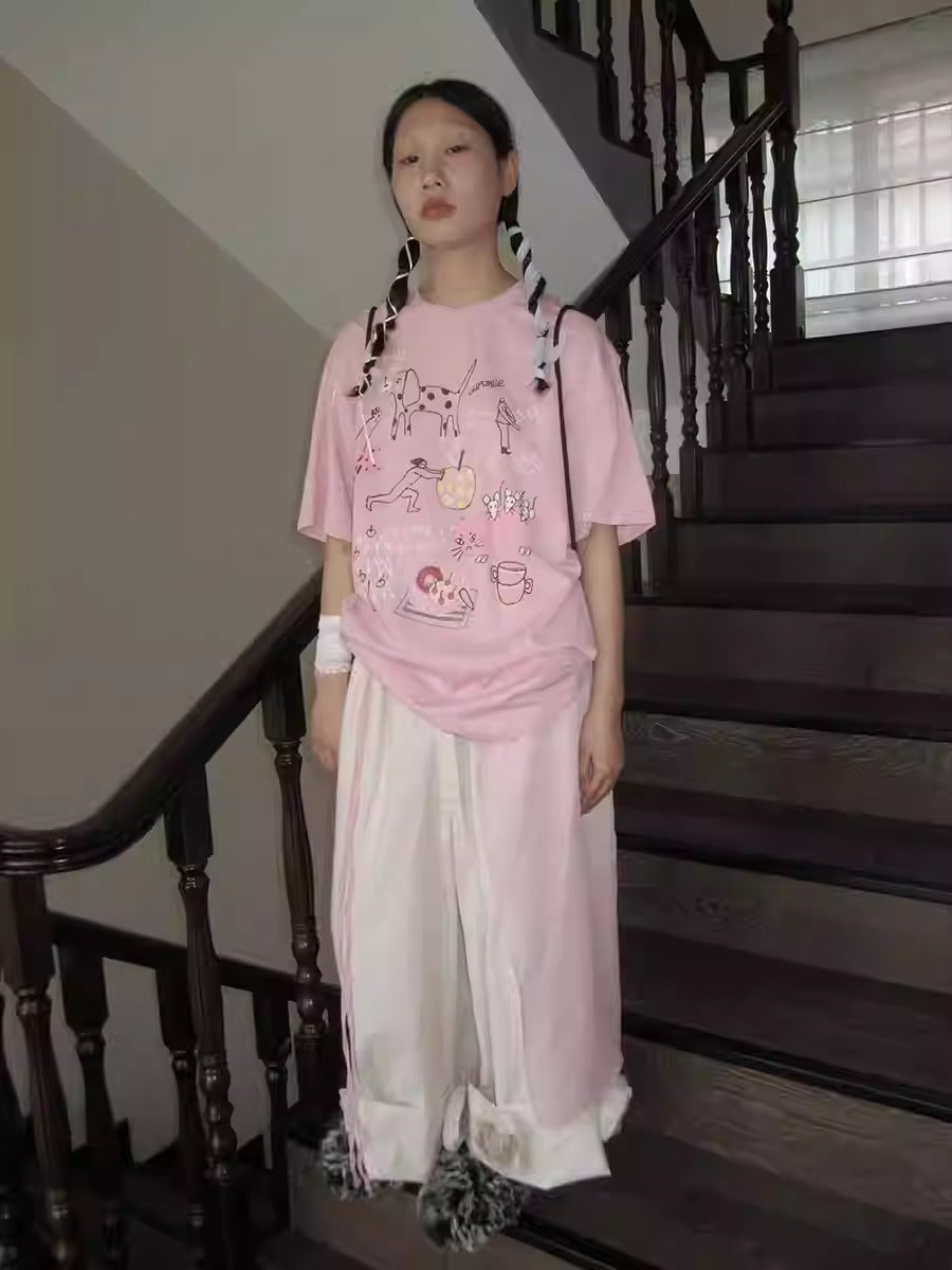 3months | Loose Pink Cartoon Print Casual Short Sleeve Summer T-Shirt [ID:]