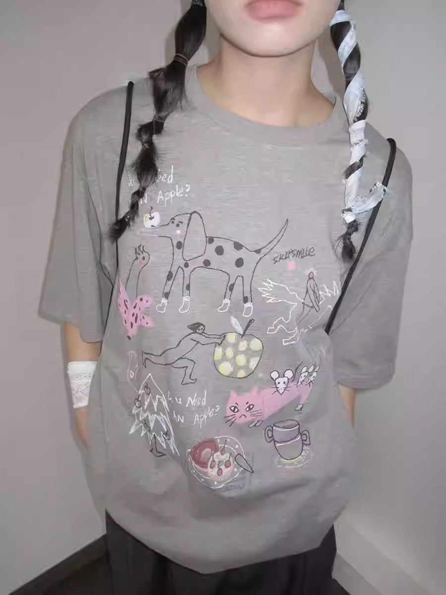 3months | Loose Pink Cartoon Print Casual Short Sleeve Summer T-Shirt [ID:]