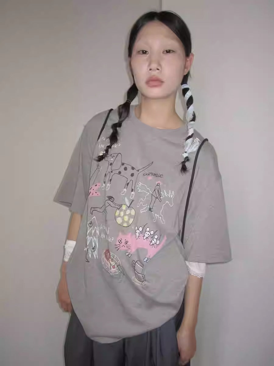 3months | Loose Pink Cartoon Print Casual Short Sleeve Summer T-Shirt [ID:]