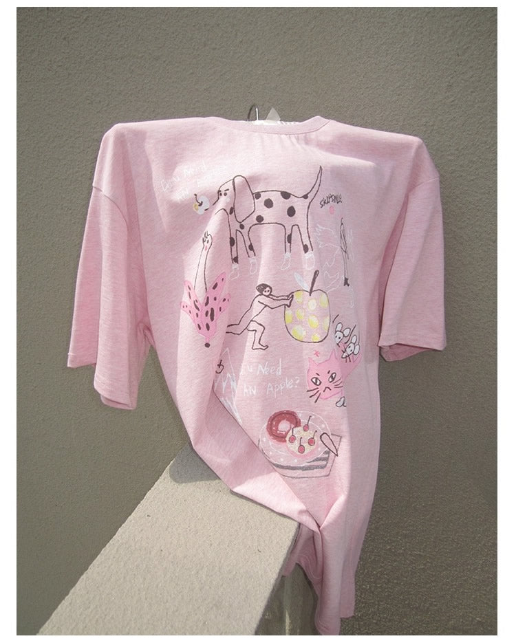 3months | Loose Pink Cartoon Print Casual Short Sleeve Summer T-Shirt [ID:]