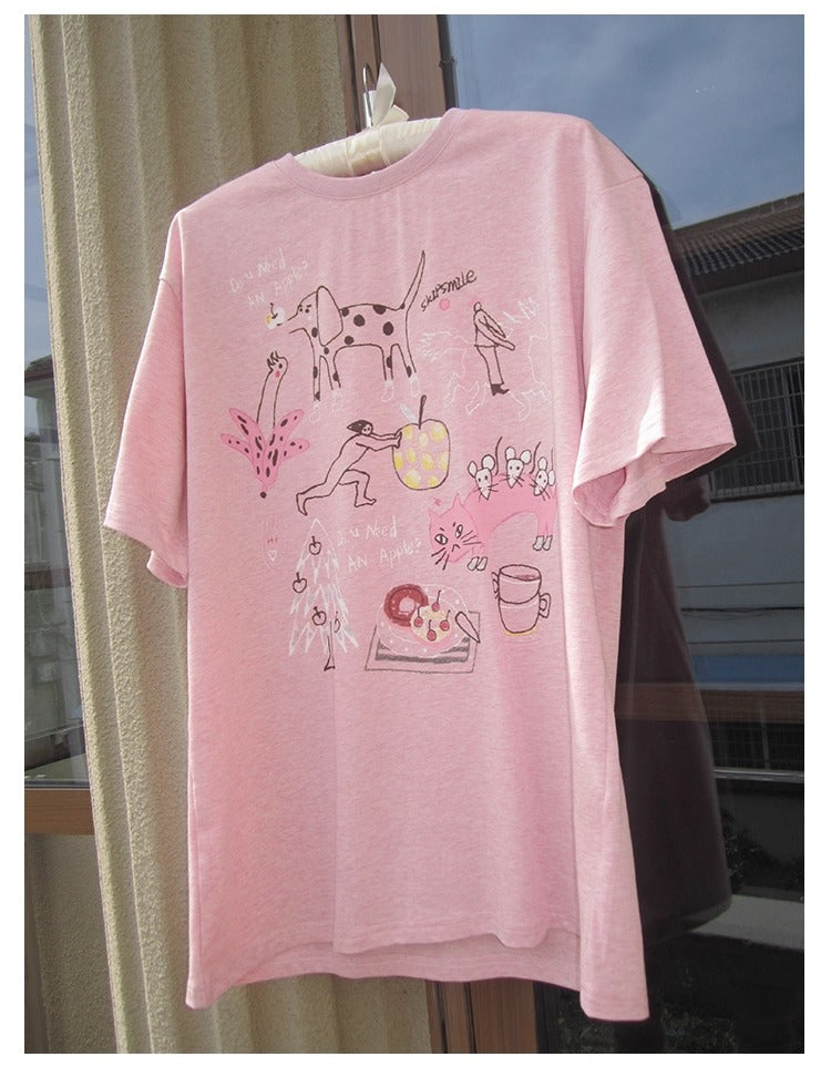 3months | Loose Pink Cartoon Print Casual Short Sleeve Summer T-Shirt [ID:]