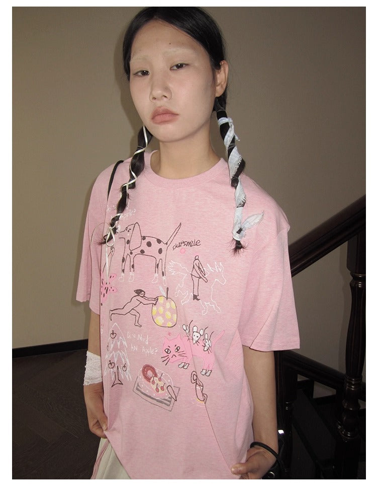 3months | Loose Pink Cartoon Print Casual Short Sleeve Summer T-Shirt [ID:]