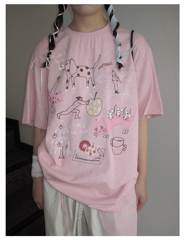 3months | Loose Pink Cartoon Print Casual Short Sleeve Summer T-Shirt [ID:]