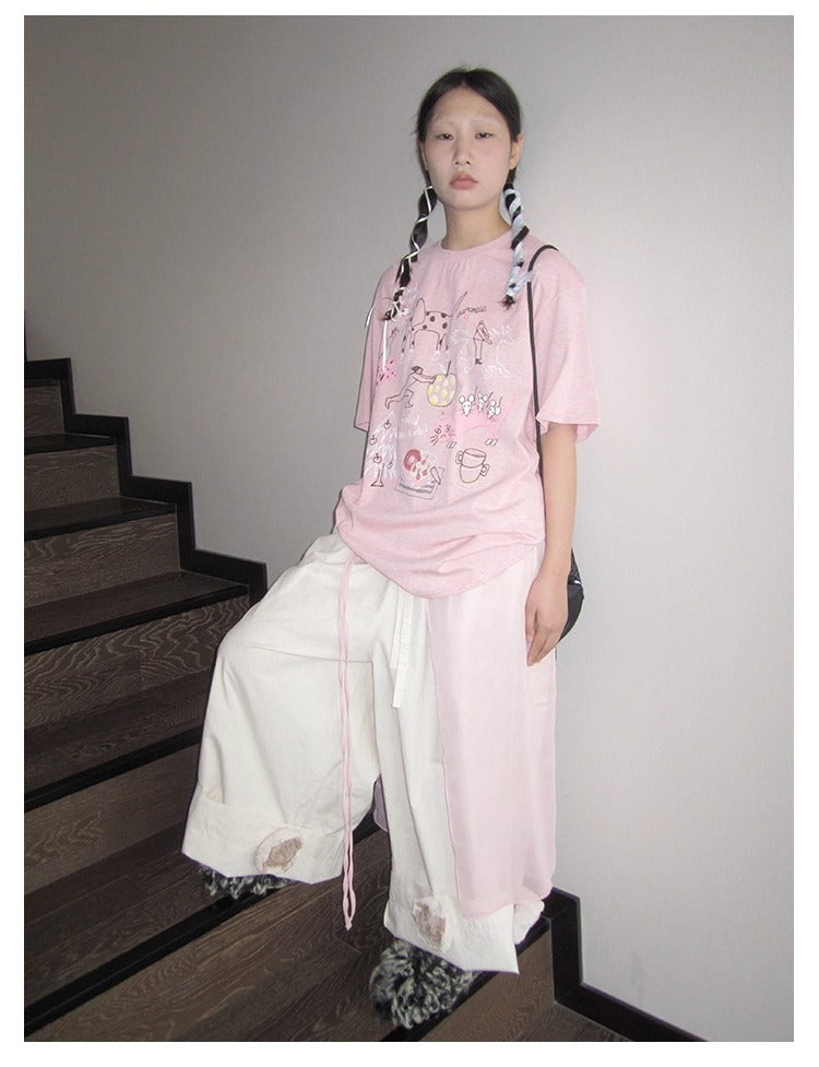 3months | Loose Pink Cartoon Print Casual Short Sleeve Summer T-Shirt [ID:]