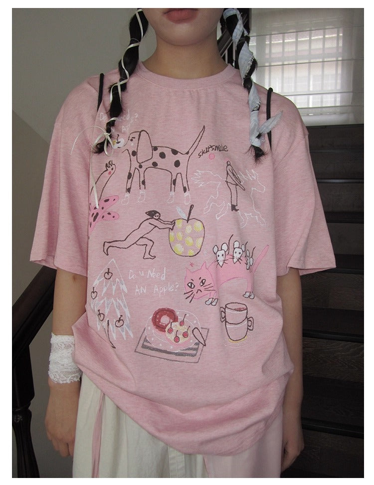 3months | Loose Pink Cartoon Print Casual Short Sleeve Summer T-Shirt [ID:]