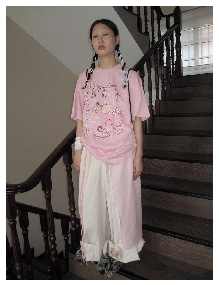 3months | Loose Pink Cartoon Print Casual Short Sleeve Summer T-Shirt [ID:]