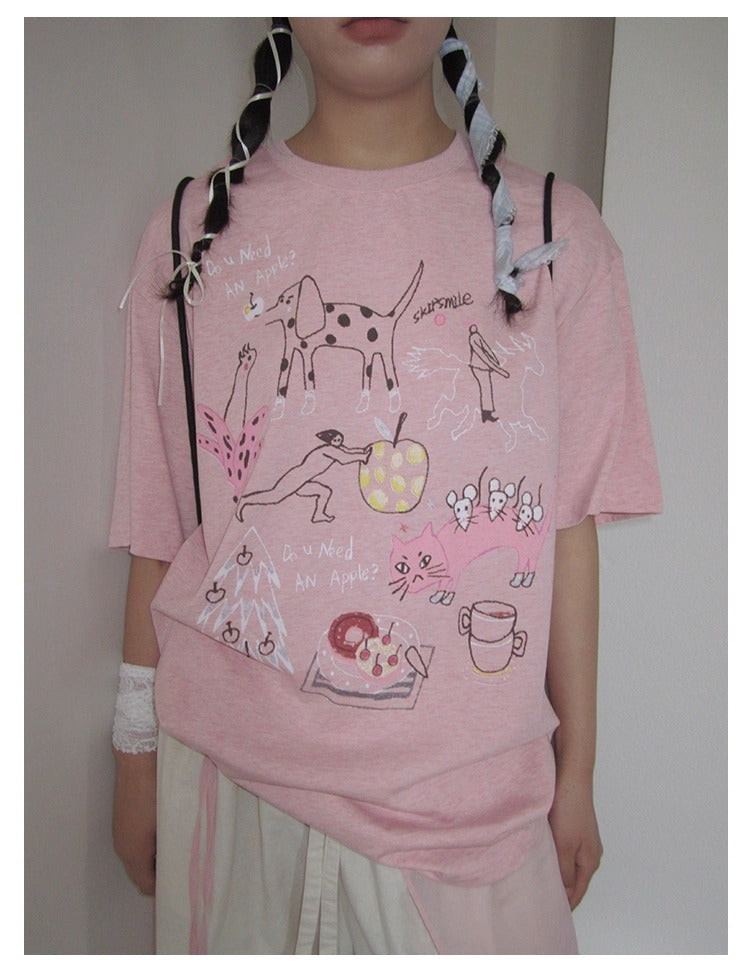 3months | Loose Pink Cartoon Print Casual Short Sleeve Summer T-Shirt [ID:]