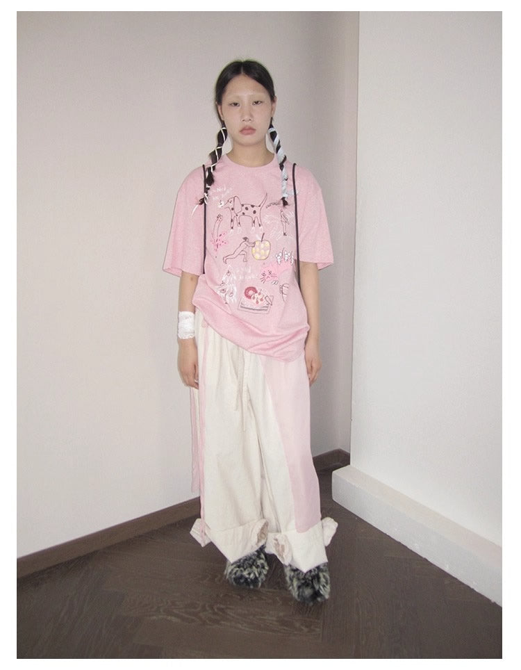 3months | Loose Pink Cartoon Print Casual Short Sleeve Summer T-Shirt [ID:]