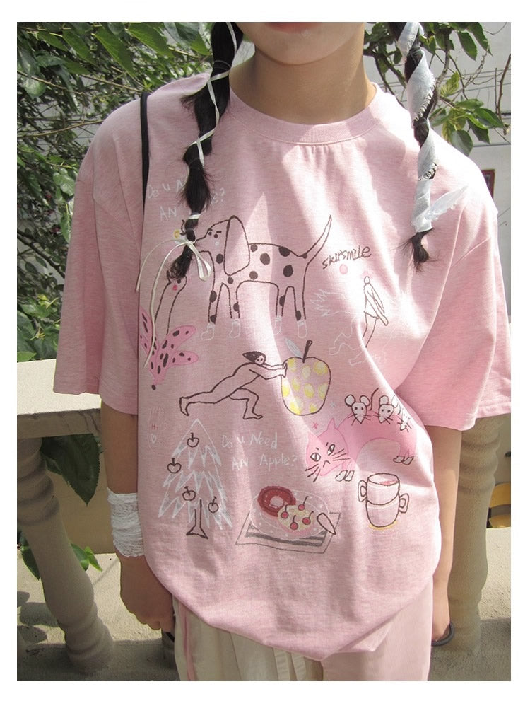 3months | Loose Pink Cartoon Print Casual Short Sleeve Summer T-Shirt [ID:]