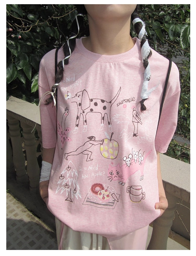 3months | Loose Pink Cartoon Print Casual Short Sleeve Summer T-Shirt [ID:]