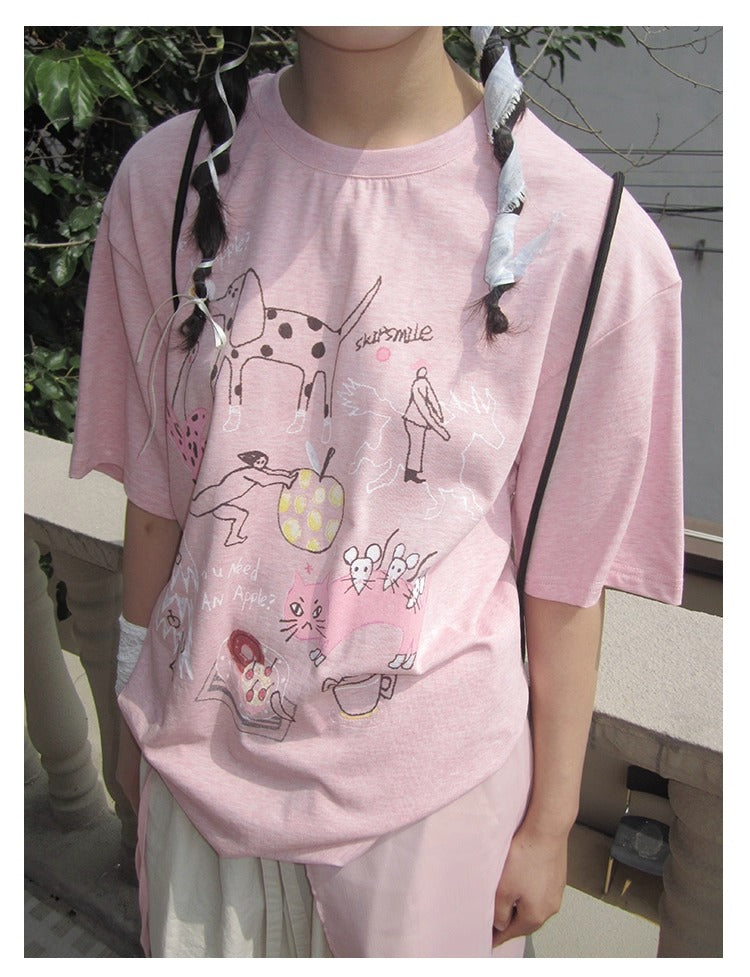 3months | Loose Pink Cartoon Print Casual Short Sleeve Summer T-Shirt [ID:]