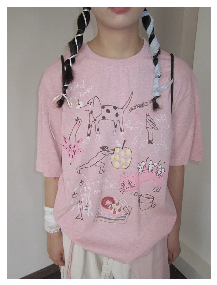 3months | Loose Pink Cartoon Print Casual Short Sleeve Summer T-Shirt [ID:]