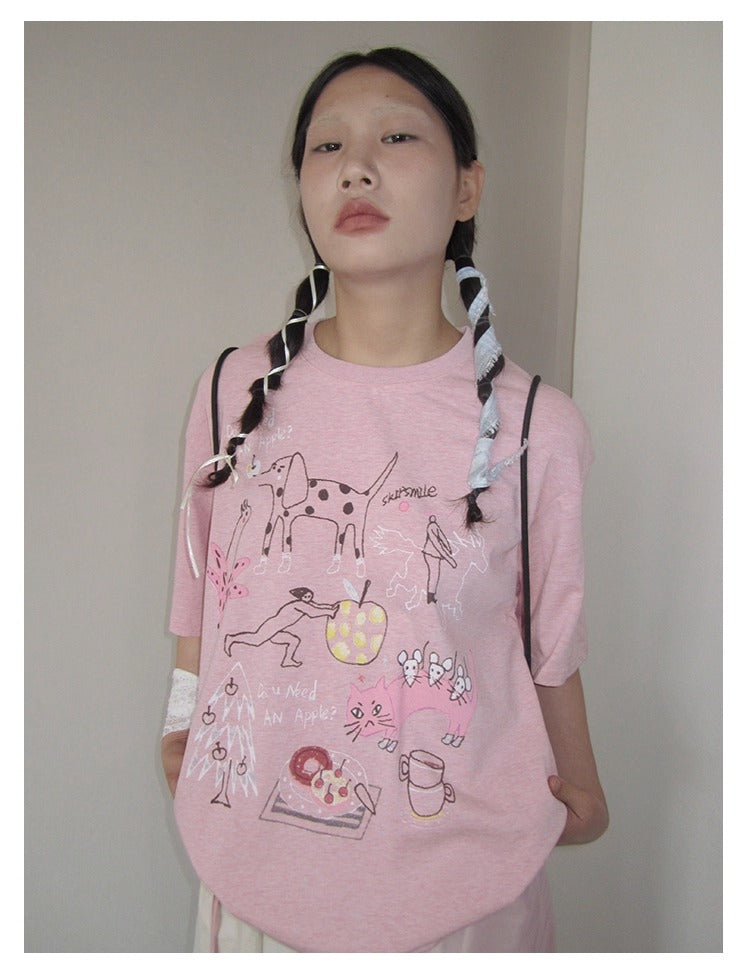 3months | Loose Pink Cartoon Print Casual Short Sleeve Summer T-Shirt [ID:]
