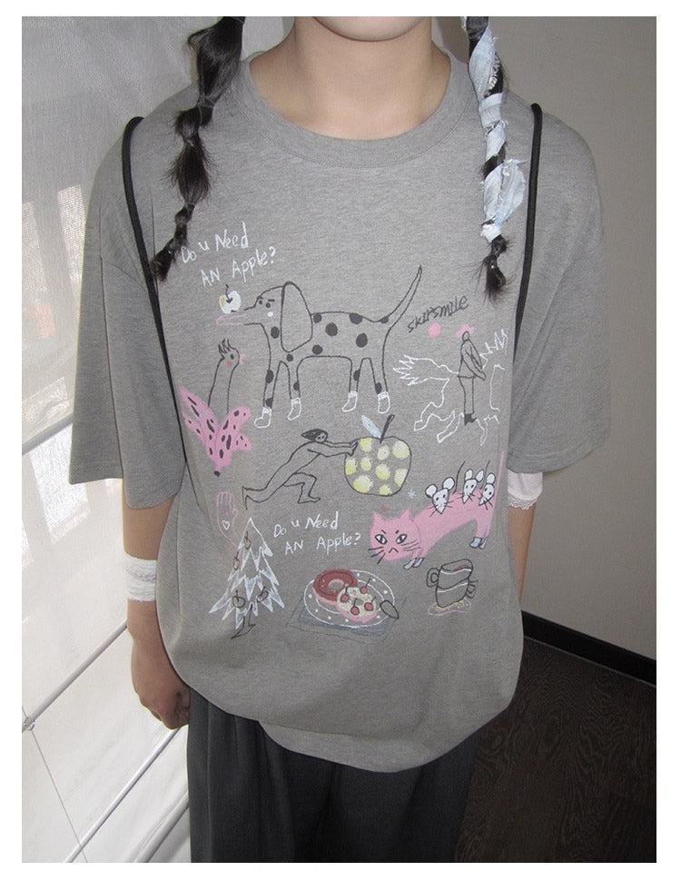 3months | Loose Pink Cartoon Print Casual Short Sleeve Summer T-Shirt [ID:]