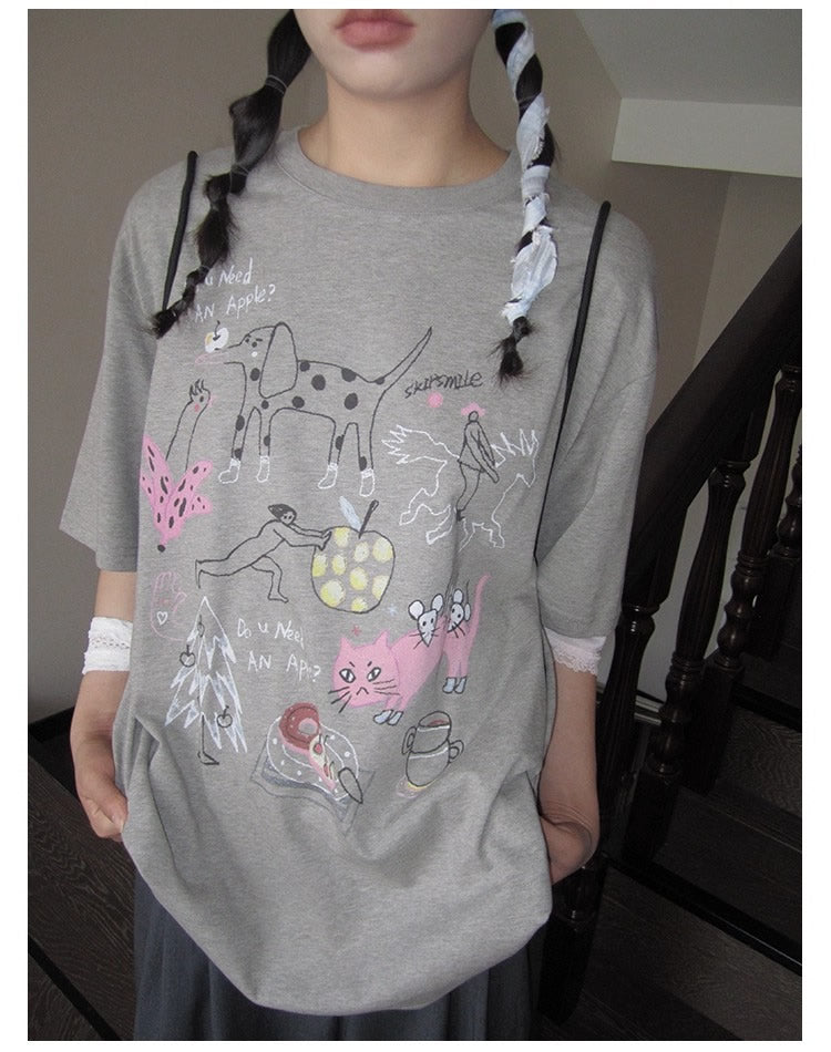 3months | Loose Pink Cartoon Print Casual Short Sleeve Summer T-Shirt [ID:]