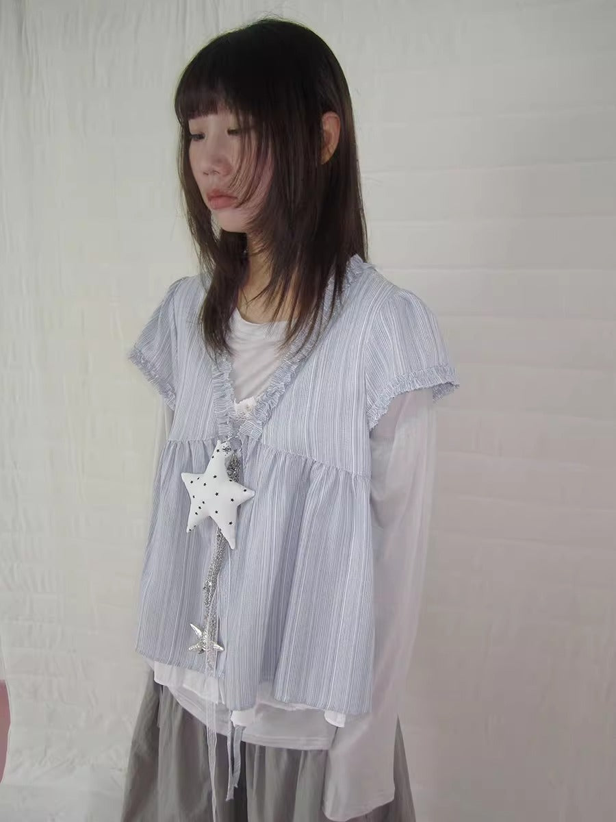 3months | Korean Loose V-Neck Striped Patchwork Summer Design Shirt [ID:]