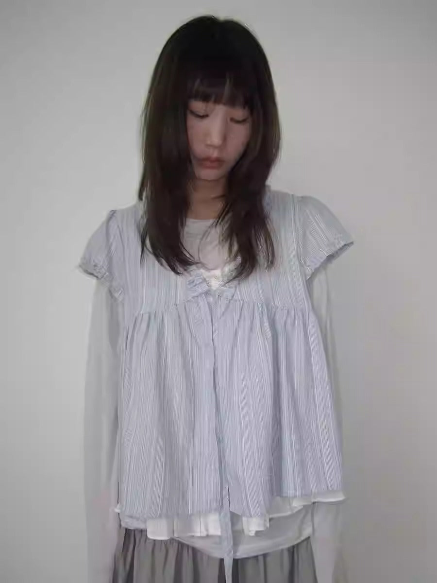 3months | Korean Loose V-Neck Striped Patchwork Summer Design Shirt [ID:]
